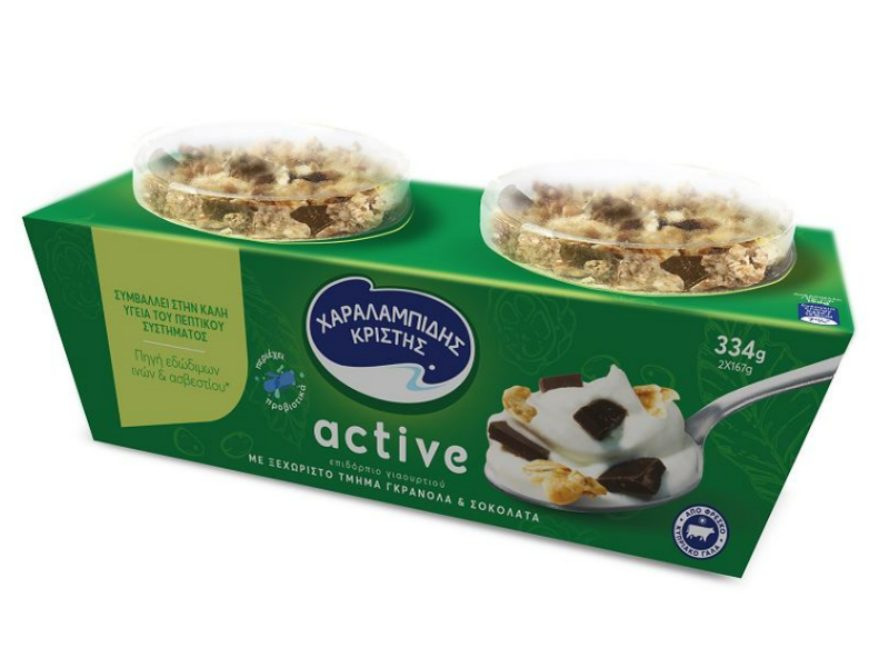 View details of active Dessert Yoghurt with fibers and probiotics 334g (2x167g) with Quaker Granola & dark Chocolate Charalambides Christis
